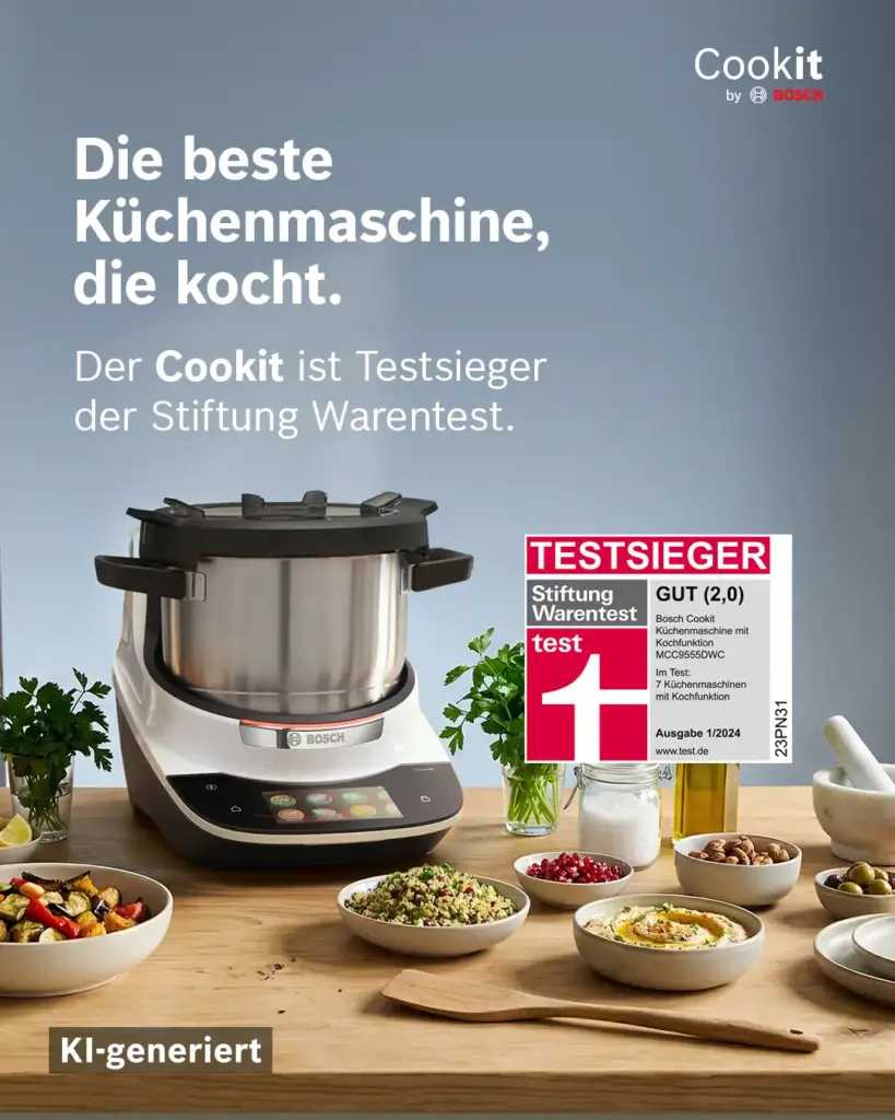 Cookit von Bosch steht auf dem Tisch, daneben Schalen mit Essen und darüber das Testsieger label